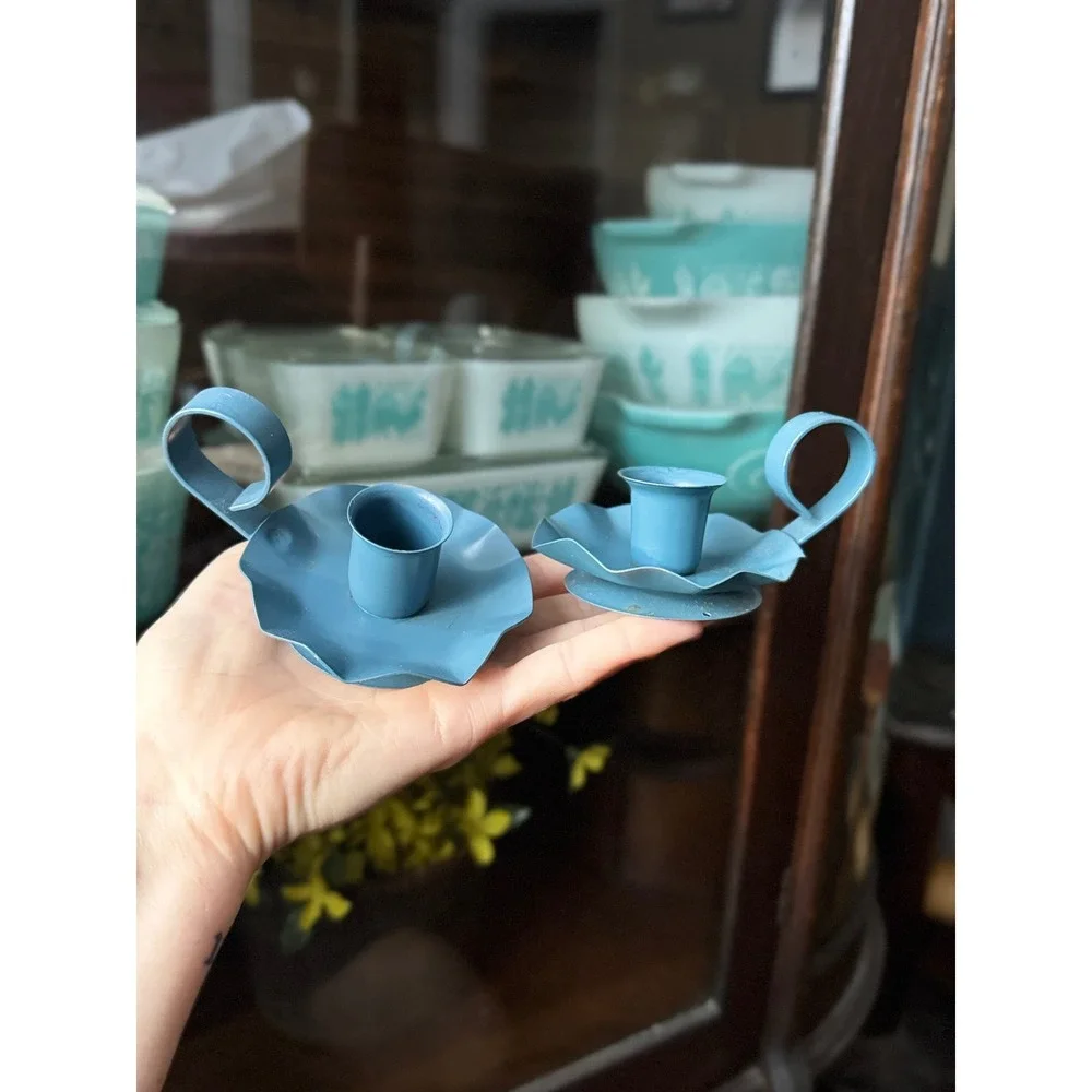 Vintage Cottagecore Farmhouse Country Blue Metal Candle Holder Set Small Taper